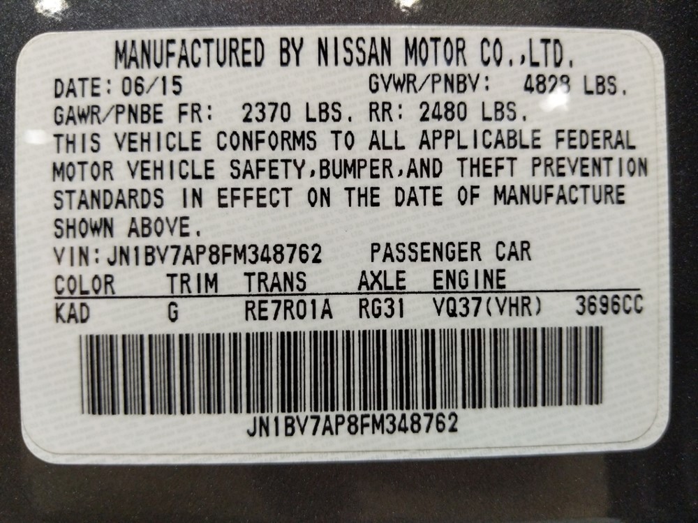 2015 INFINITI Q50 - VIN Plate