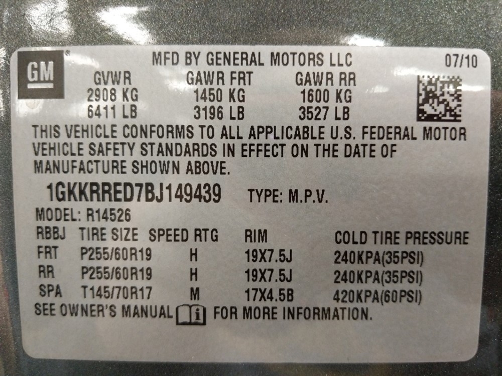 2011 GMC Acadia - VIN Plate