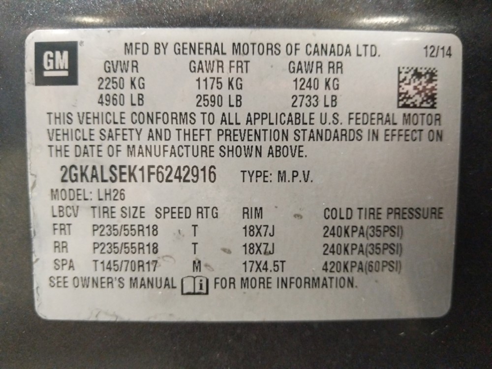 2015 GMC Terrain - VIN Plate