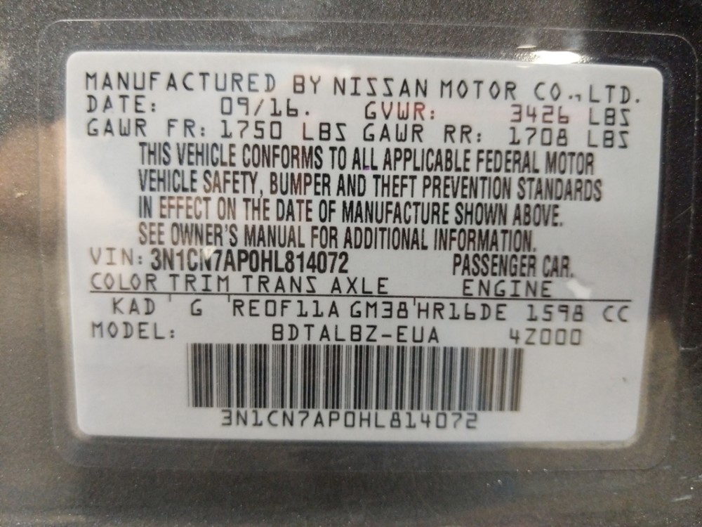 2017 Nissan Versa - VIN Plate