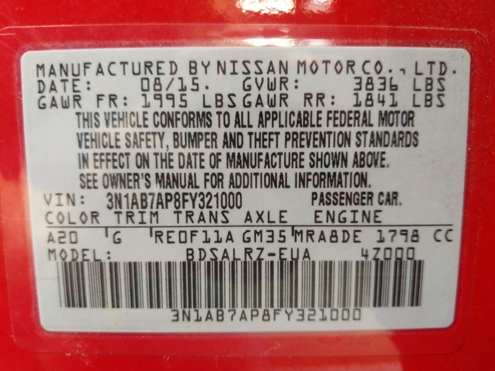2015 Nissan Sentra - VIN Plate
