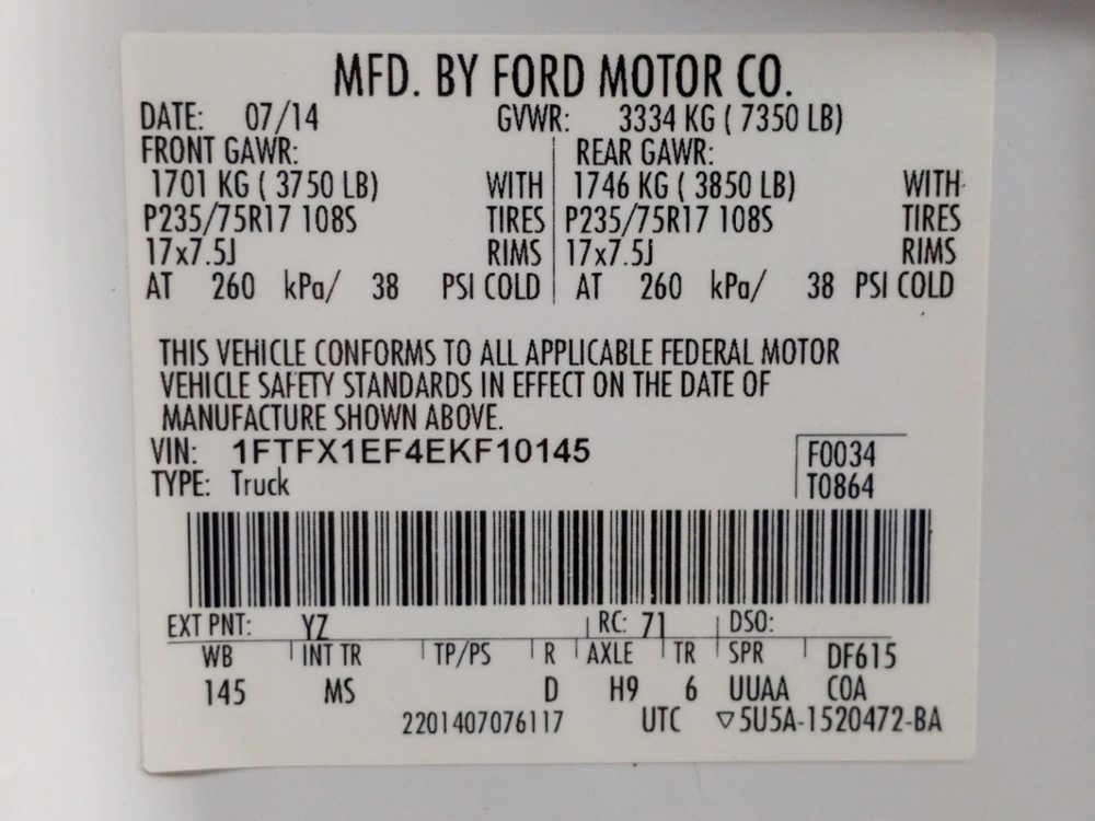2014 Ford F-150 - VIN Plate