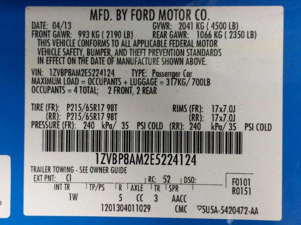 2014 Ford Mustang - VIN Plate
