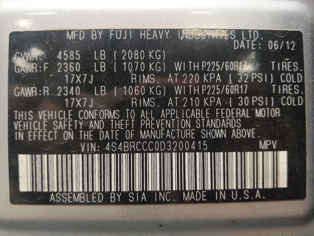 2013 Subaru Outback - VIN Plate