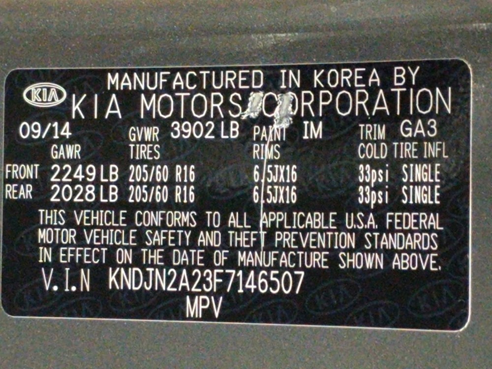 2015 Kia Soul - VIN Plate