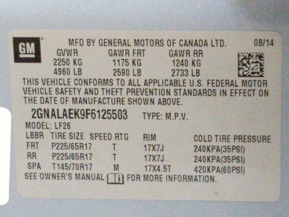 2015 Chevrolet Equinox - VIN Plate