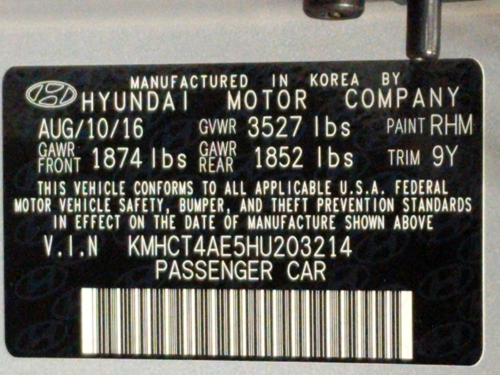 2017 Hyundai Accent - VIN Plate