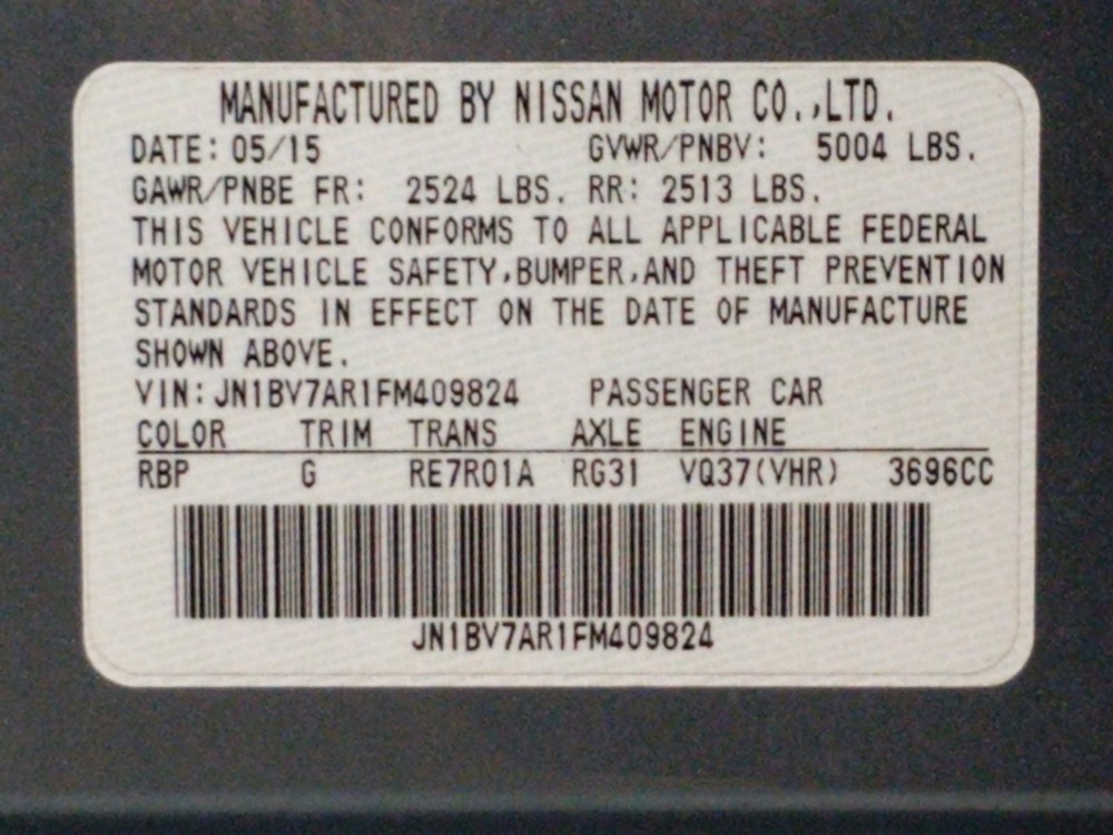 2015 INFINITI Q50 - VIN Plate