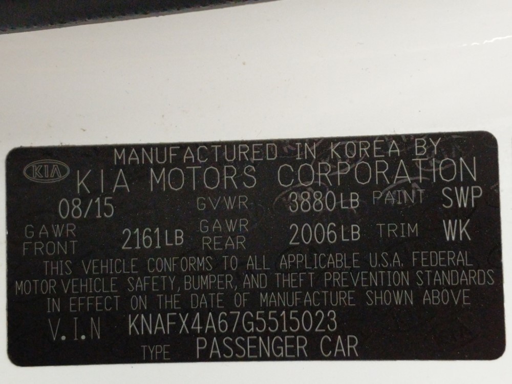 2016 Kia Forte - VIN Plate