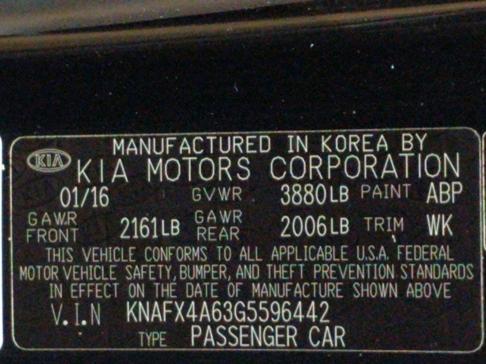 2016 Kia Forte - VIN Plate