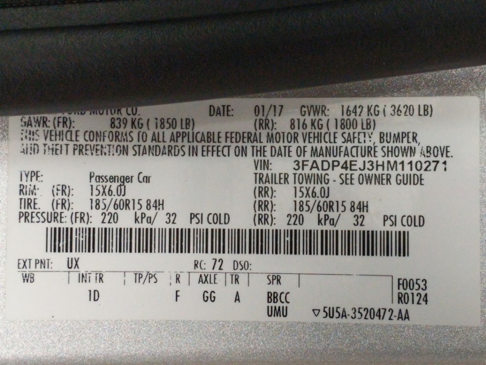 2017 Ford Fiesta - VIN Plate