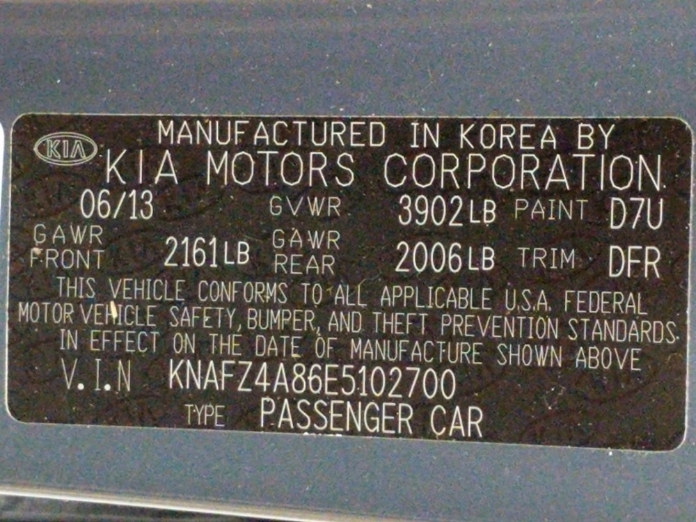 2014 Kia Forte - VIN Plate