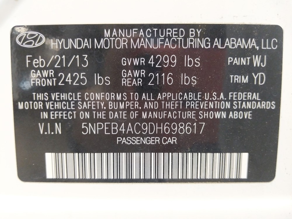 2013 Hyundai Sonata - VIN Plate