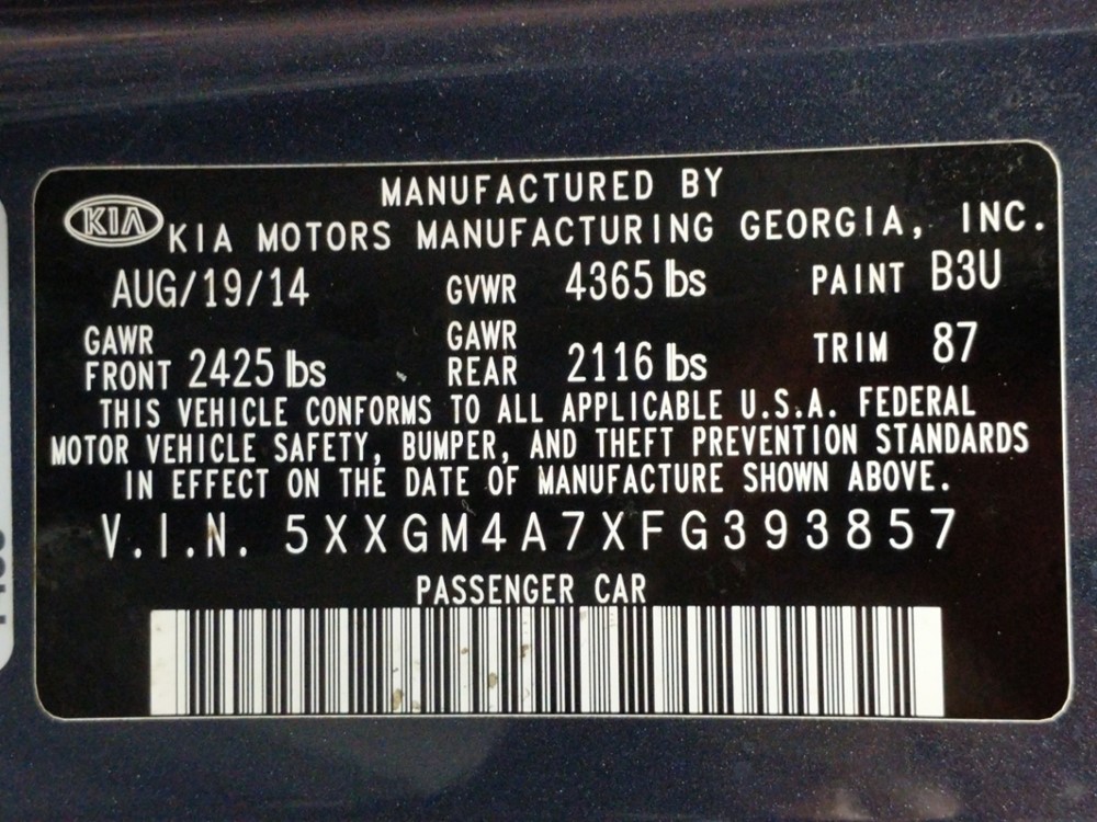 2015 Kia Optima - VIN Plate