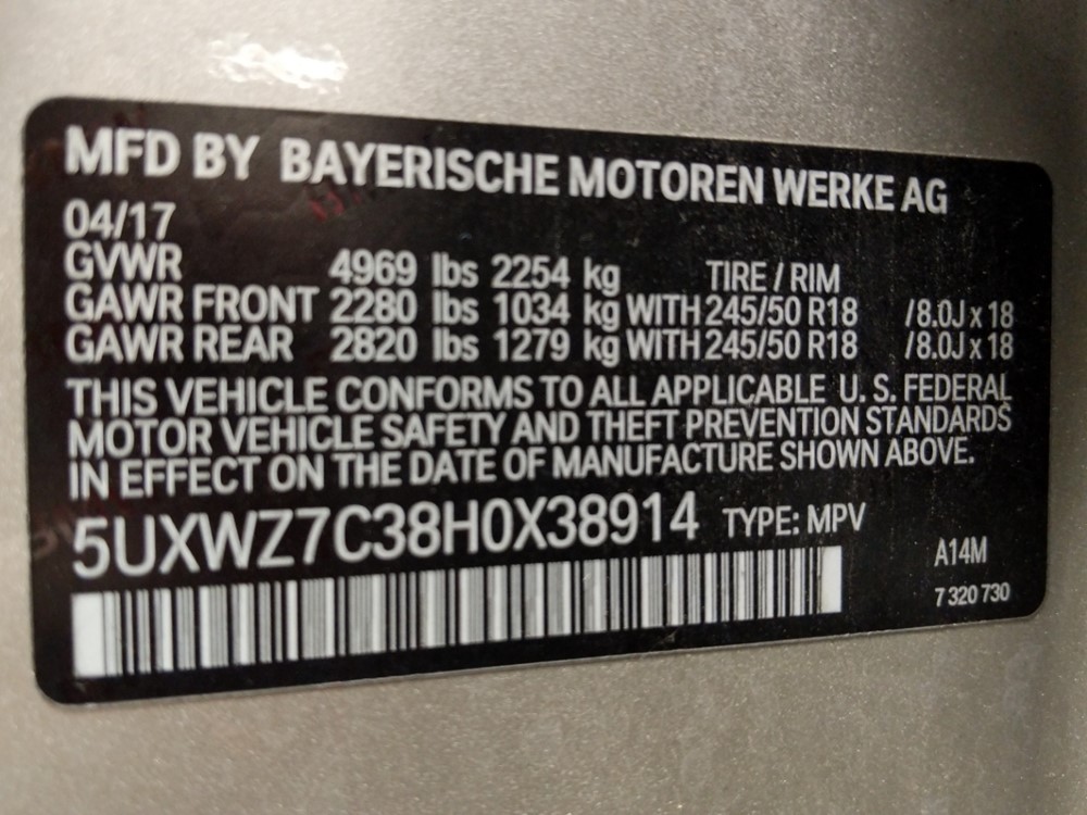 2017 BMW X3 - VIN Plate
