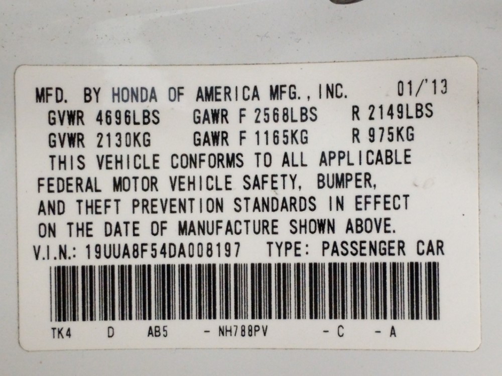 2013 Acura TL - VIN Plate