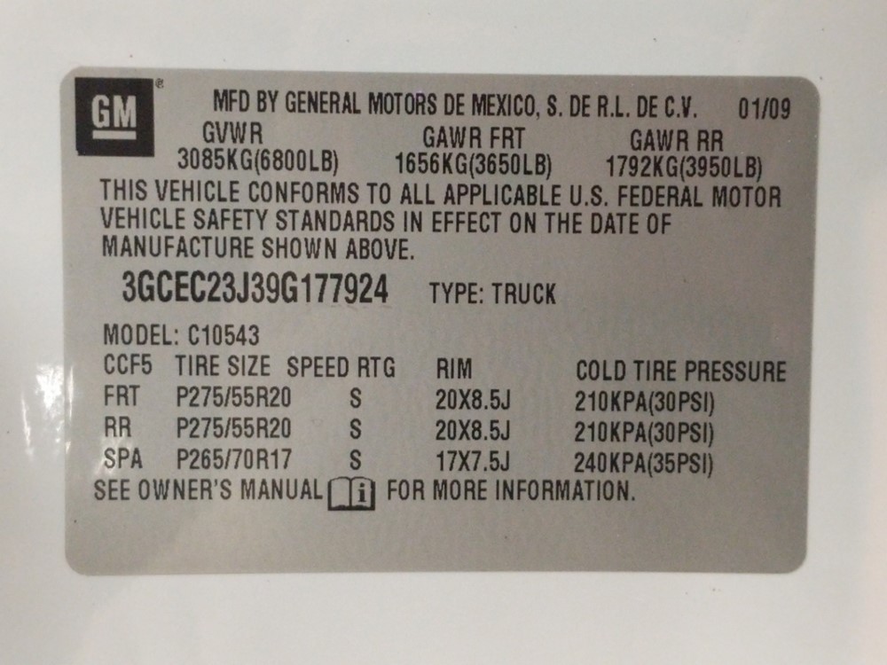 2009 Chevrolet Silverado 1500 - VIN Plate