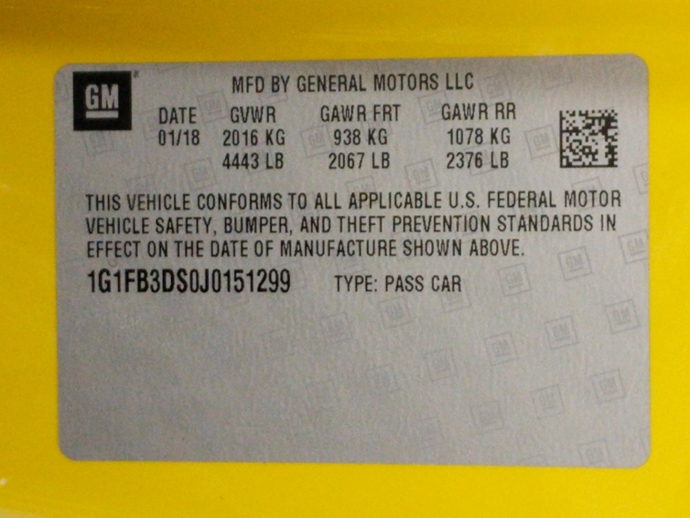 2018 Chevrolet Camaro - VIN Plate