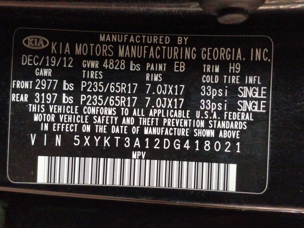 2013 Kia Sorento - VIN Plate