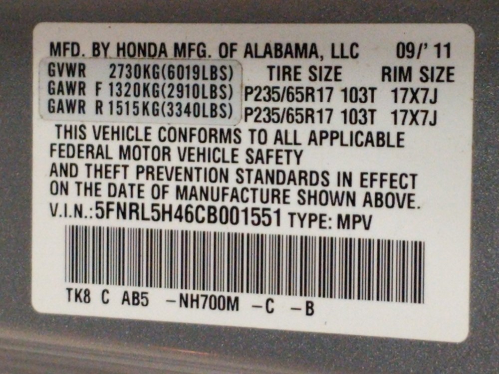 2012 Honda Odyssey - VIN Plate