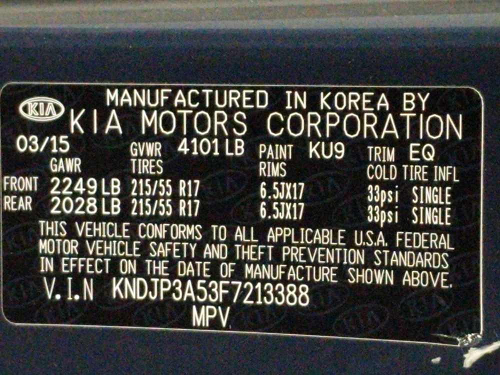 2015 Kia Soul - VIN Plate
