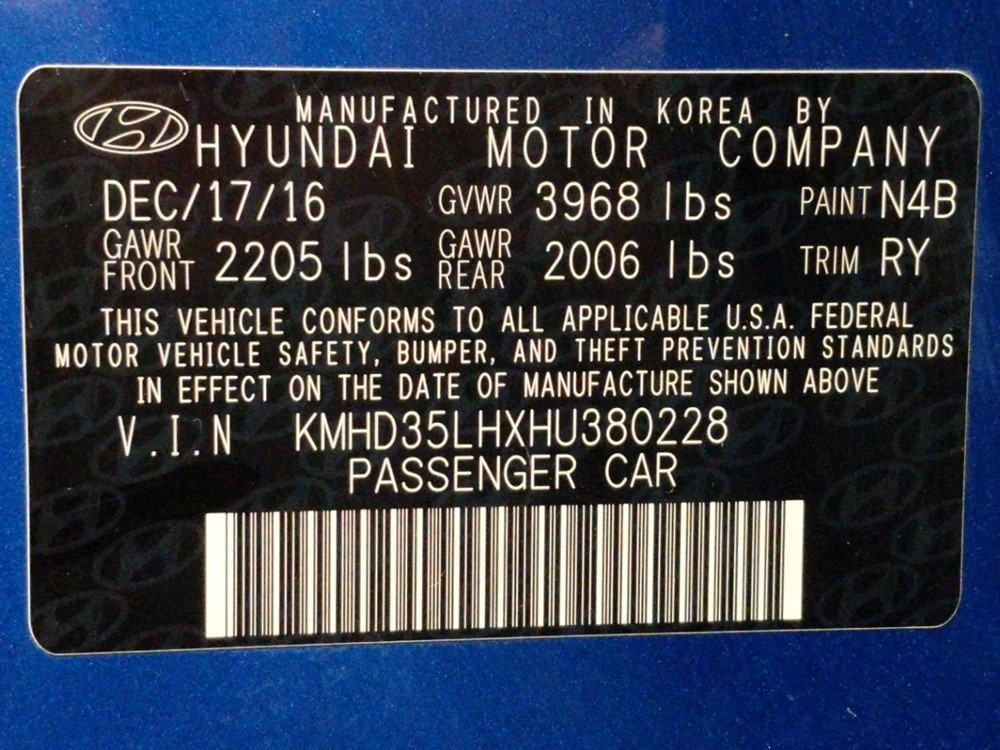 2017 Hyundai Elantra - VIN Plate