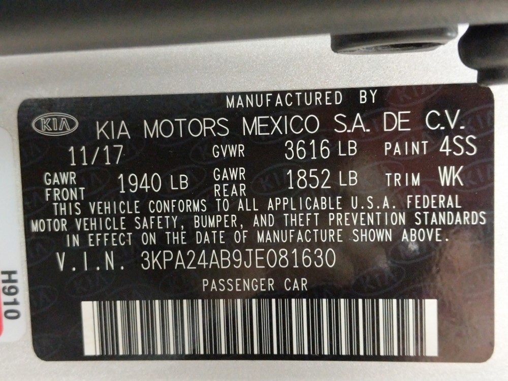 2018 Kia Rio - VIN Plate