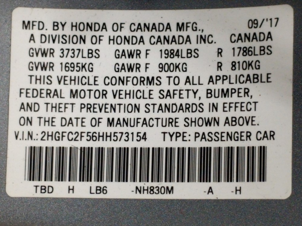2017 Honda Civic - VIN Plate