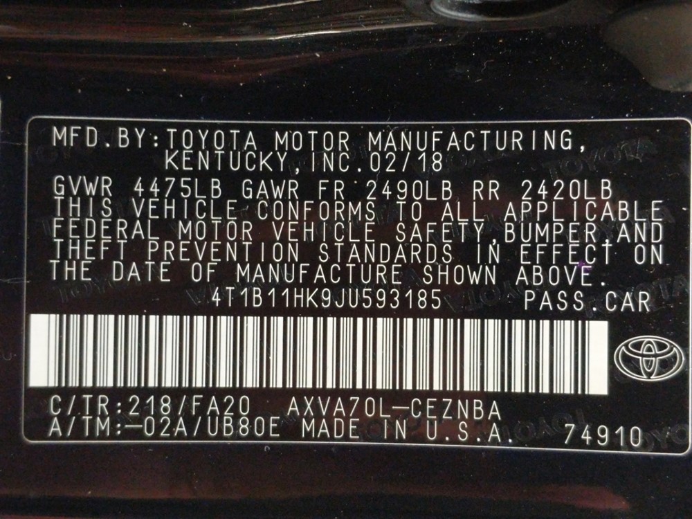 2018 Toyota Camry - VIN Plate
