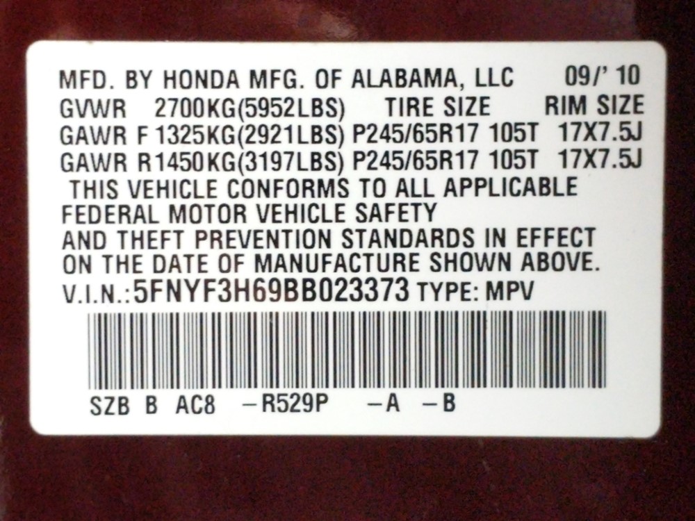 2011 Honda Pilot - VIN Plate