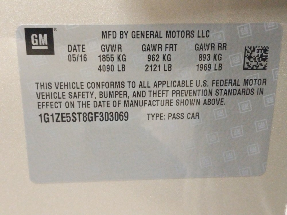 2016 Chevrolet Malibu - VIN Plate