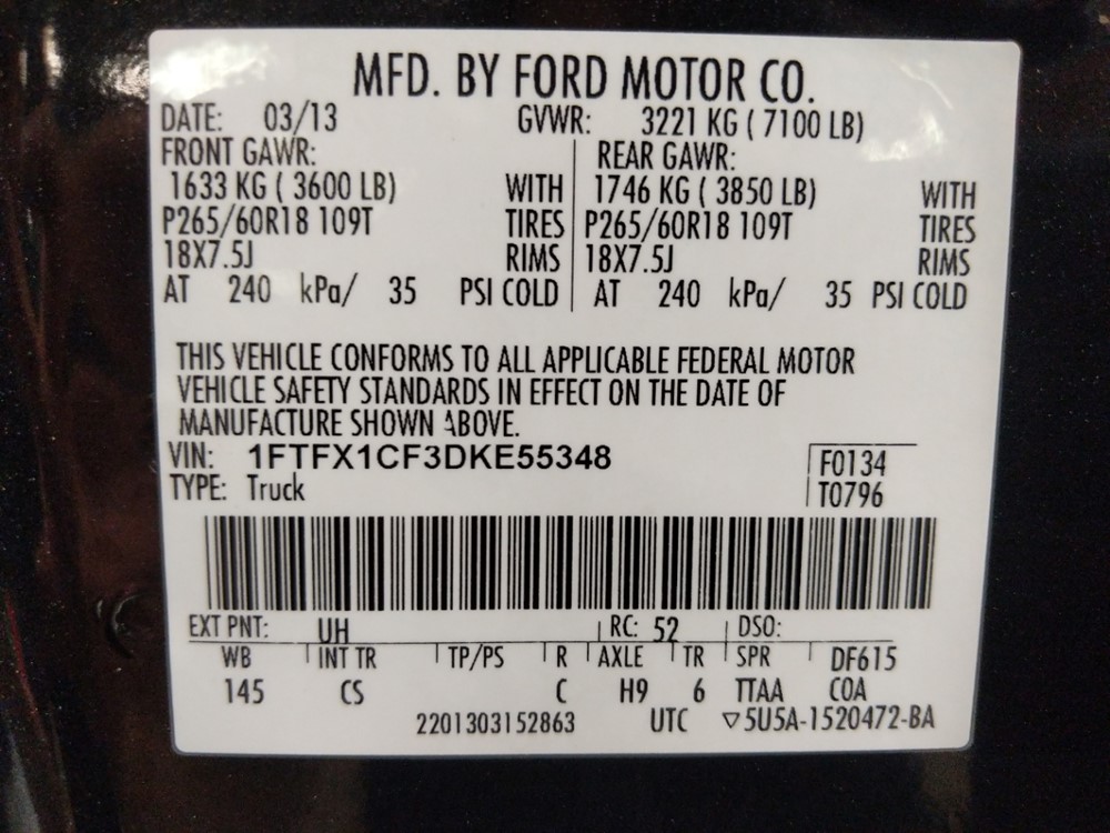 2013 Ford F-150 - VIN Plate