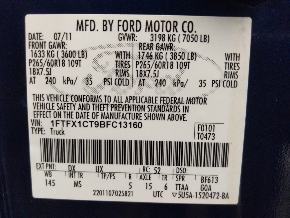 2011 Ford F-150 - VIN Plate