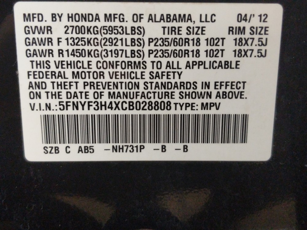 2012 Honda Pilot - VIN Plate