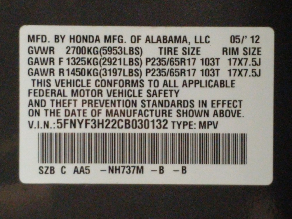 2012 Honda Pilot - VIN Plate