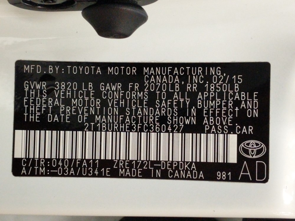 2015 Toyota Corolla - VIN Plate