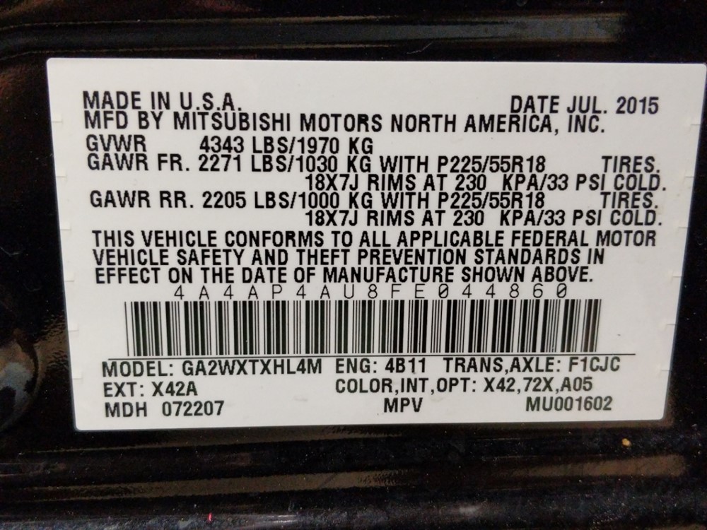 2015 Mitsubishi Outlander - VIN Plate