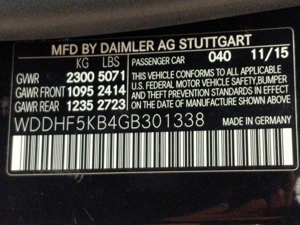 2016 Mercedes-Benz E350 - VIN Plate