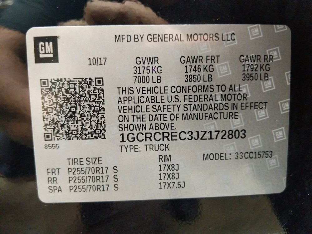 2018 Chevrolet Silverado 1500 - VIN Plate