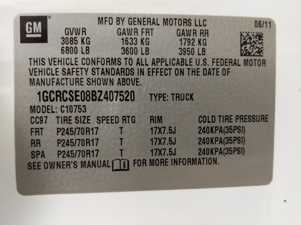 2011 Chevrolet Silverado 1500 - VIN Plate