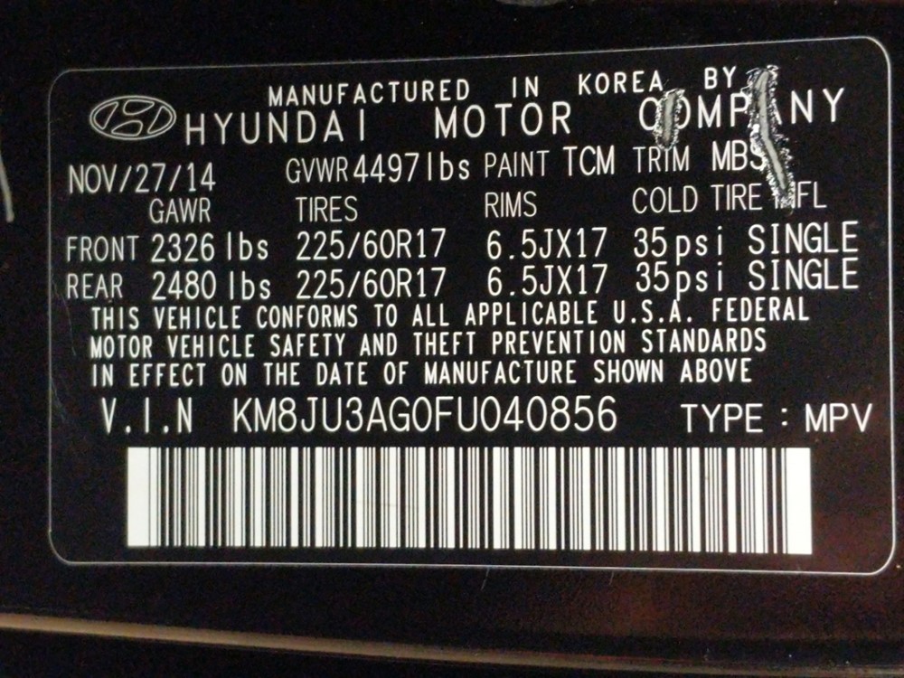 2015 Hyundai Tucson - VIN Plate