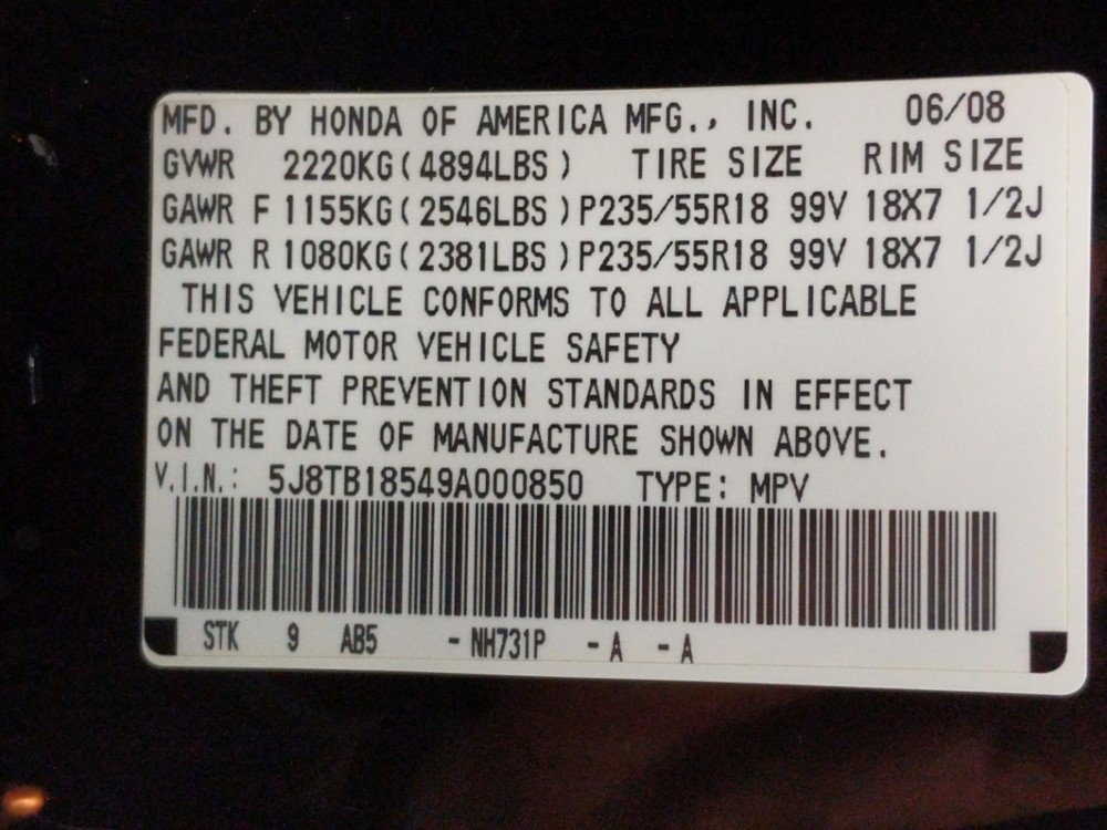 2009 Acura RDX - VIN Plate