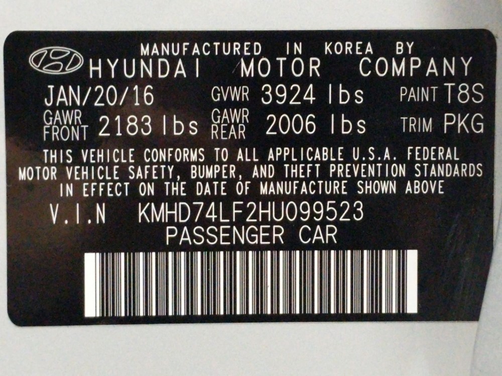 2017 Hyundai Elantra - VIN Plate