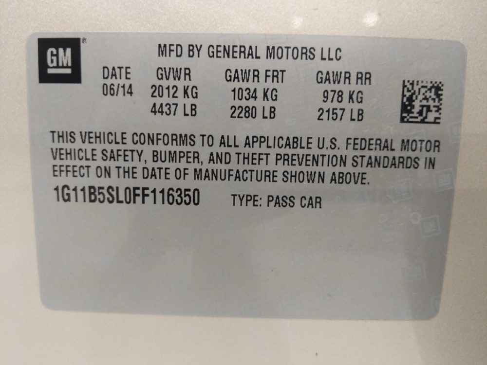 2015 Chevrolet Malibu - VIN Plate