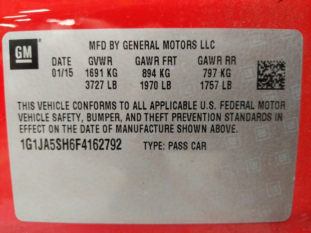 2015 Chevrolet Sonic - VIN Plate