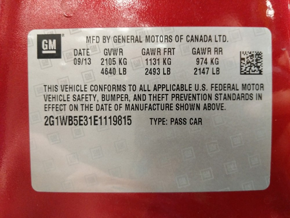 2014 Chevrolet Impala - VIN Plate
