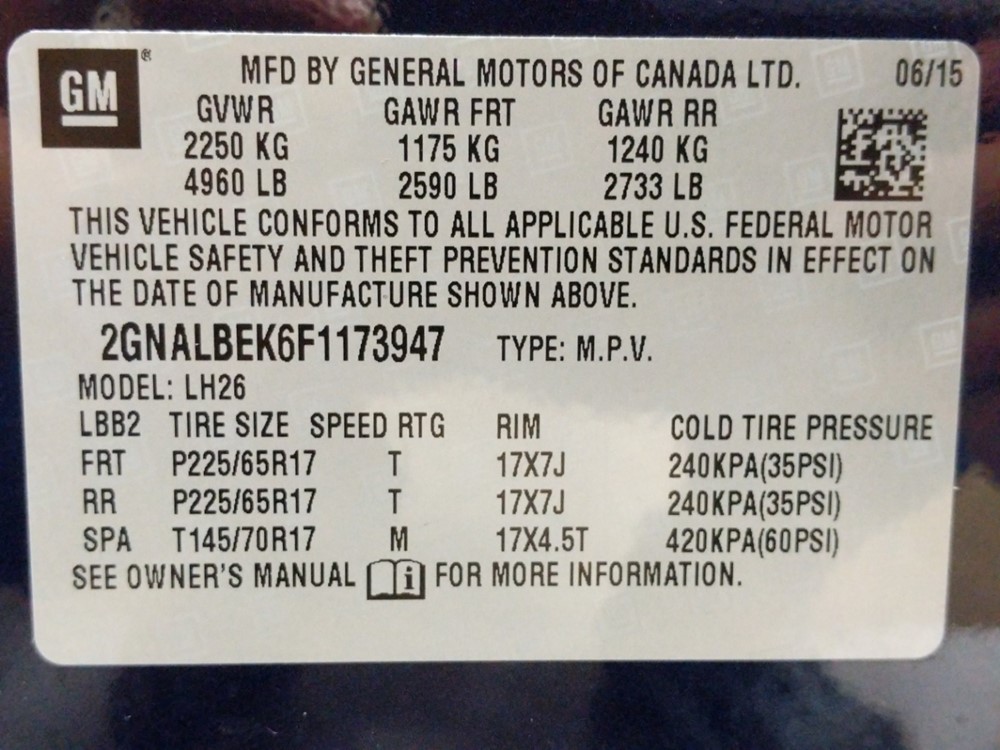 2015 Chevrolet Equinox - VIN Plate
