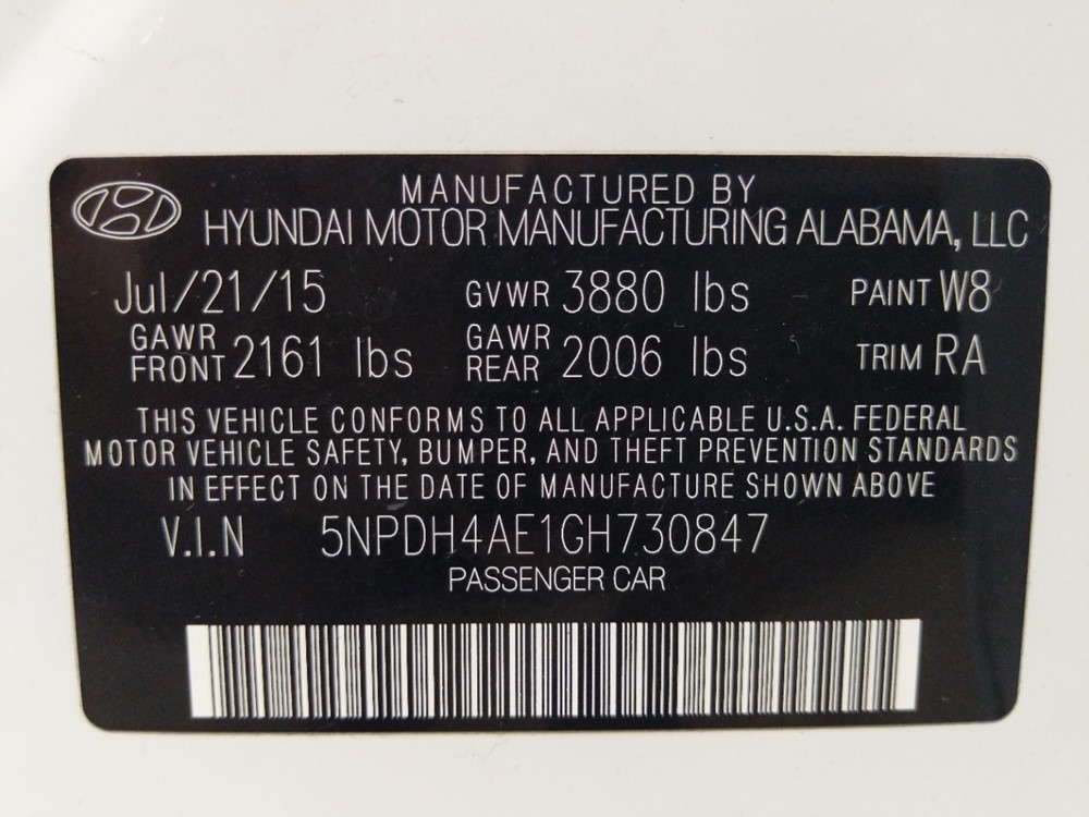 2016 Hyundai Elantra - VIN Plate