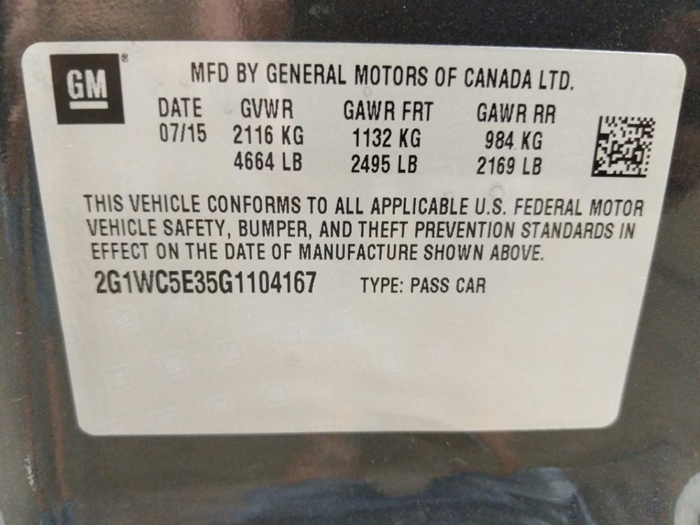 2016 Chevrolet Impala - VIN Plate