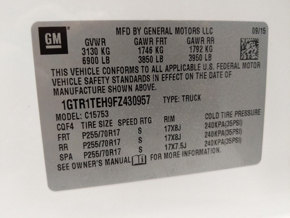 2015 GMC Sierra 1500 - VIN Plate